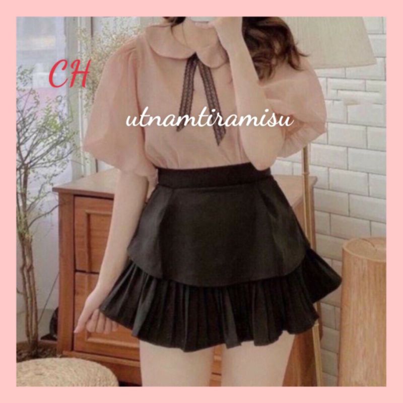 Chân Váy Đen Dáng Xòe 2 Tầng Dập Ly trongĐầm dáng ngắn Midi2 lớp có quần trong vintage