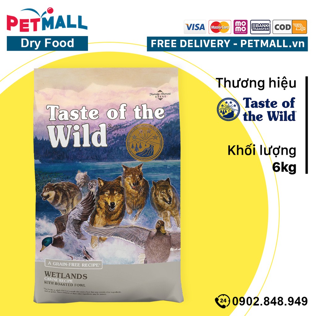 Thức ăn chó Taste Of The Wild Wetlands 6kg - Wild Fowl, Chim cút, vịt nướng &amp; gà tây xông khói, mọi lứa tuổi Petmall