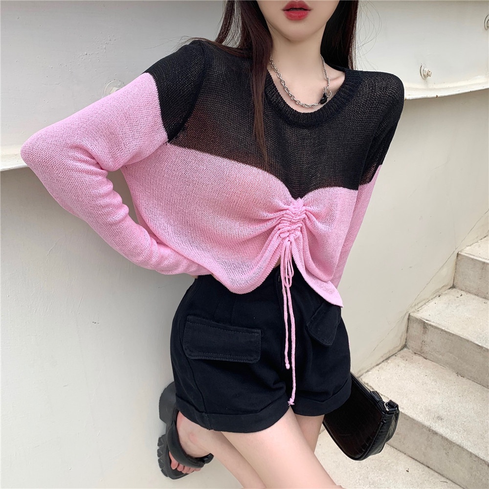Áo Sweater Dệt Kim Dáng Ngắn Phối Dây Rút Kiểu Hàn Quốc Thời Trang Mùa Thu Cho Nữ