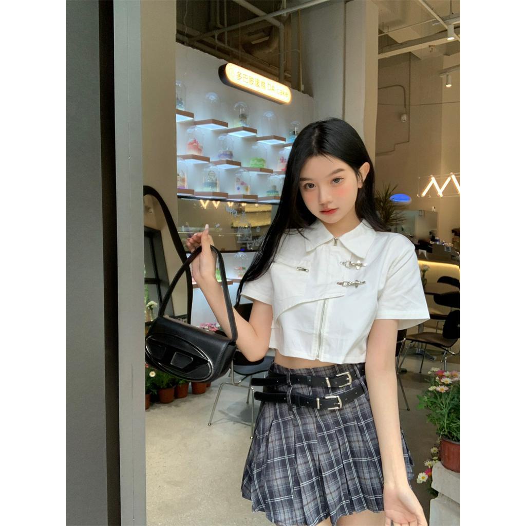 Áo sơ mi croptop Khóa Kim Loại  Zipper ,, Áo Ngắn Áo Sơ Mi Nữ