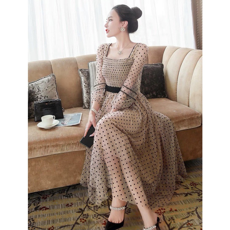 [sale 50% free ship] Đầm midi dáng dài đi dự tiệc cưới siêu xinh với chất lưới bi chủ đạo độc đáo có ép nhung