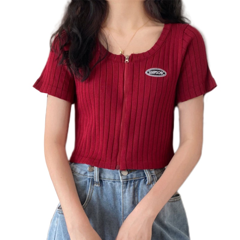 Áo Croptop Tay Ngắn Màu Trơn Có Khóa Kéo Trước In Chữ Thời Trang Cho Nữ