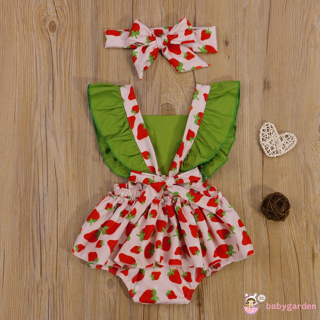 Set áo liền quần cổ vuông tay áo cánh tiên họa tiết quả bơ dễ thương và băng đô thắt nơ thời trang dành cho bé gái