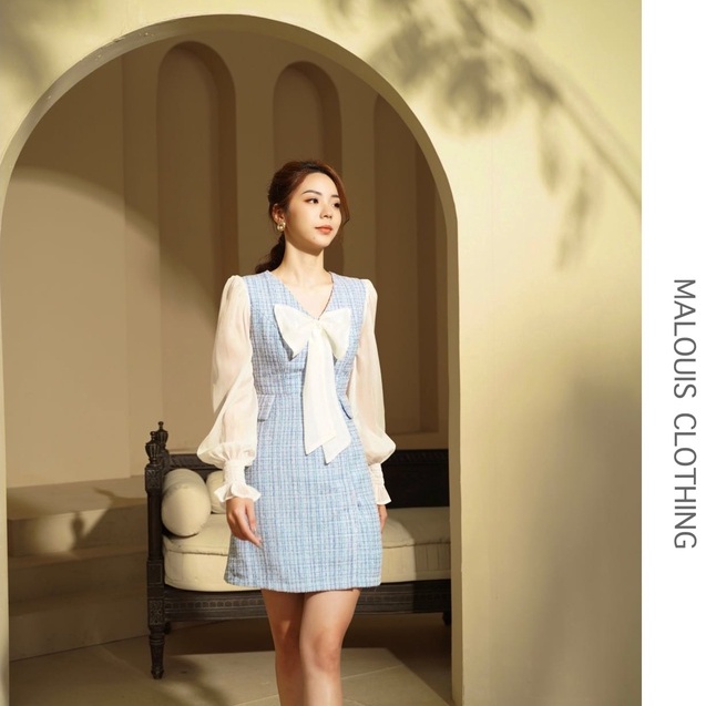 Váy dạ tweed phối voan tay dài bo chun, nơ trước ngực - M116 - Malouis