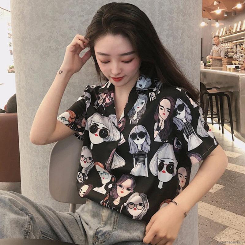 Áo sơ mi họa tiết hoạt hình phong cách Hàn Quốc thời trang cho nữ