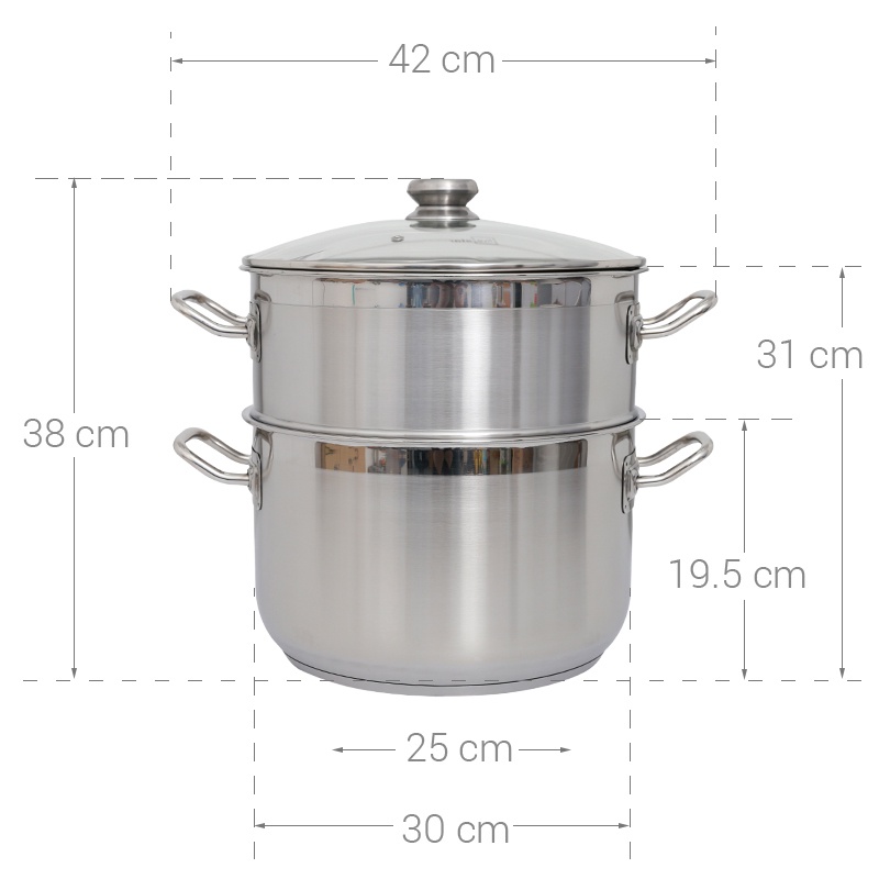 Bộ 2 nồi xửng Inox 430 3 đáy Fivestar nắp kính 30cm ST30-3DG dùng được cho bếp từ