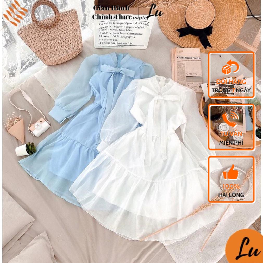 Đầm Suông Nữ LuShop Váy Babydoll Tay Phồng Nơ CổMay 2 Lớp hợp với Dự Tiệc Dạo Phố Đi Chơi Hàng Cao Cấp Giá Tốt