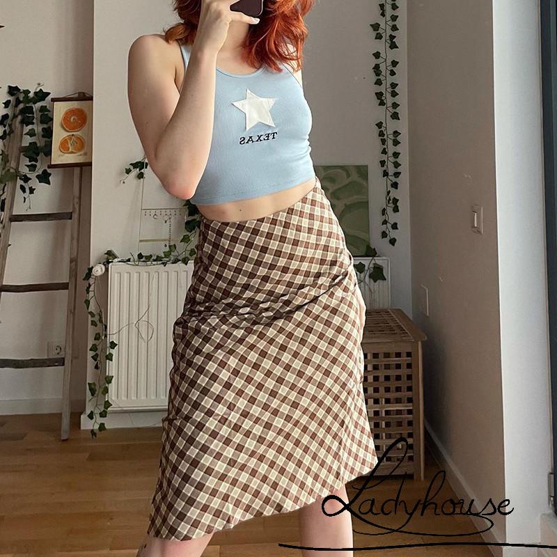 Chân váy dài lưng cao in họa tiết caro màu nâu thời trang size S/ M/ L cho nữ