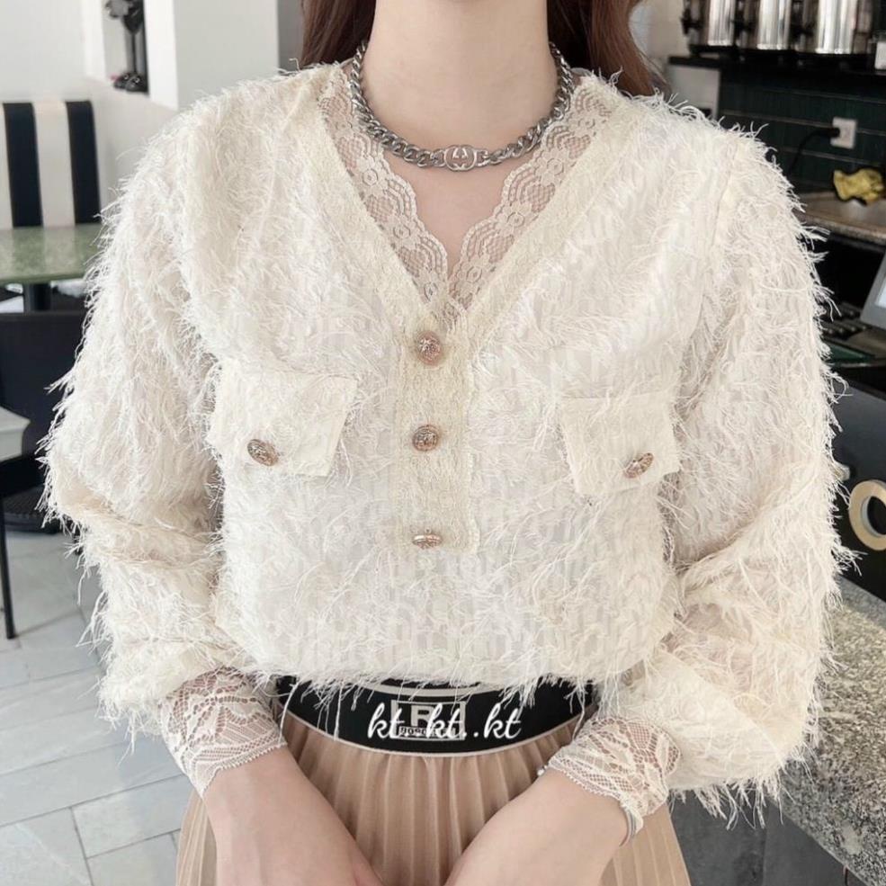 Áo Sơ Mi Tay Dài Đính Kim Sa Hình Lông Vũ Màu Trắng/Đen