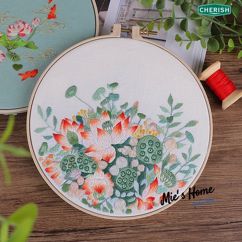 (có sẵn) DIY Bộ Kit thêu tay Tranh hoa cỏ, Kit tập thêu Hoa Cherish mẫu Hoa Xuân Hạ MIE SHOP HANDMADE