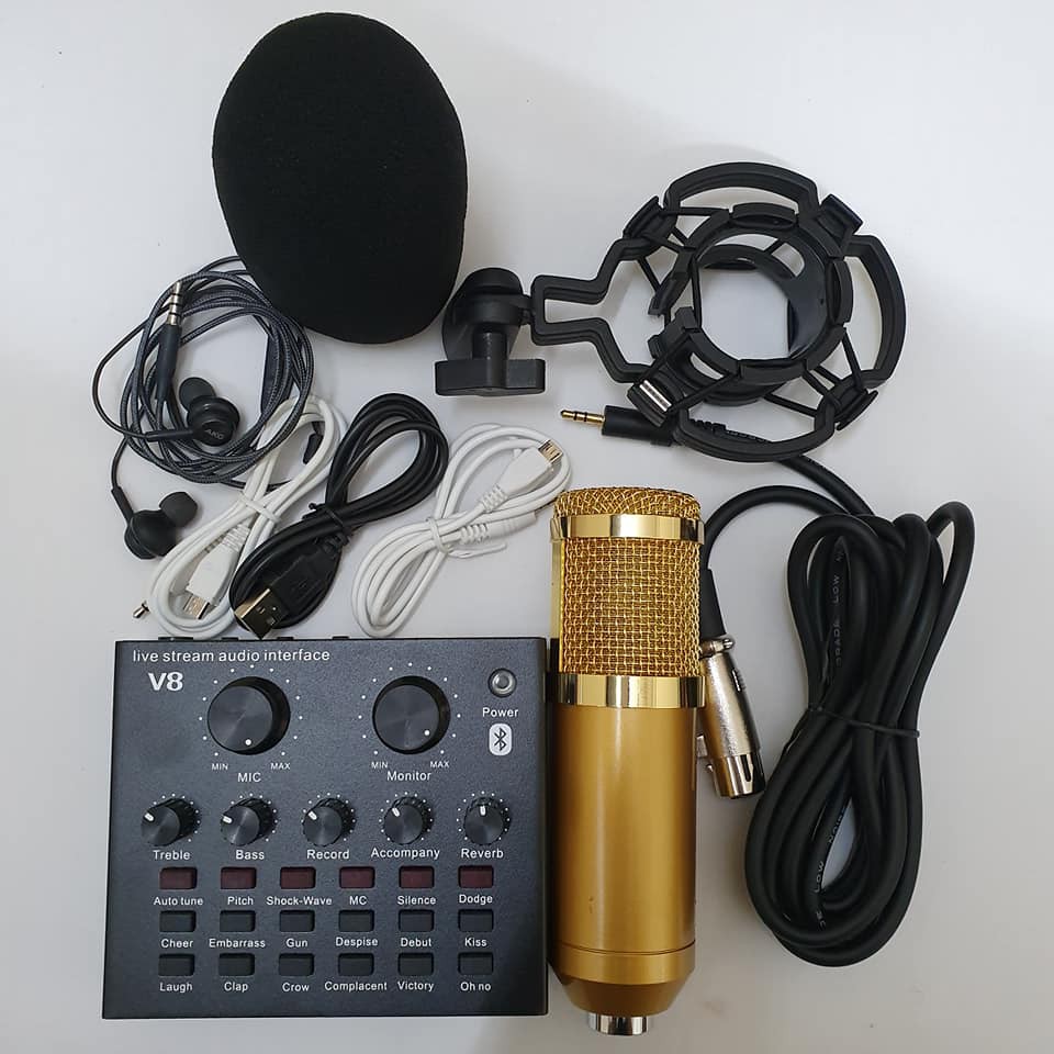 Soundcard V8 Chính Hãng Có Bluetooth + Mic Karaoke Livetream BM 900 Cao Cấp, Có AutoTune Chuẩn Phòng Thu (Tặng Tai Nghe)