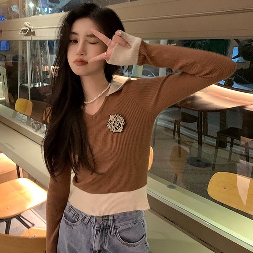 Áo croptop ZHELIHANGFEI vải len tay dài cổ polo phong cách trẻ trung cá tính dễ phối đồ