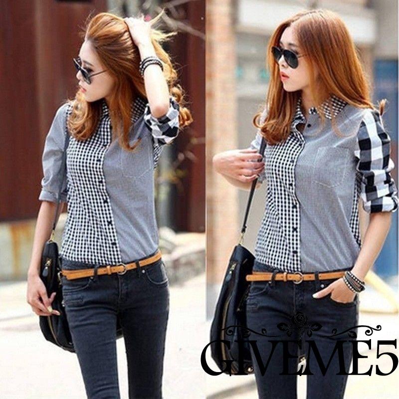 Áo sơ mi phối họa tiết ca rô trẻ trung dành cho nữ