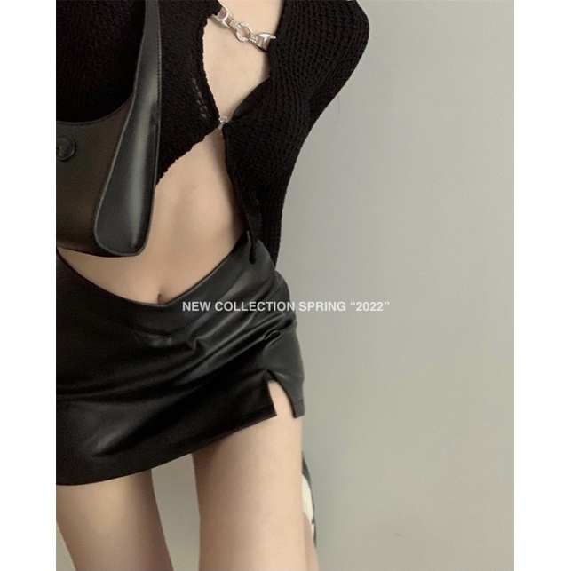 Áo croptop + chân váy da Ulzzang