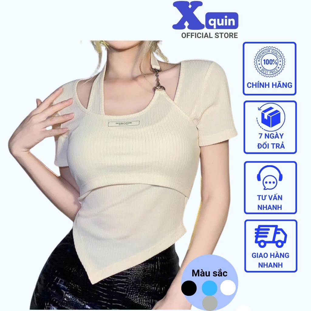 Áo croptop nữ ngắn tay vạt nhọn Xquin, Áo kiểu nữ cổ yếm phối xích chất thun gân mềm mịn