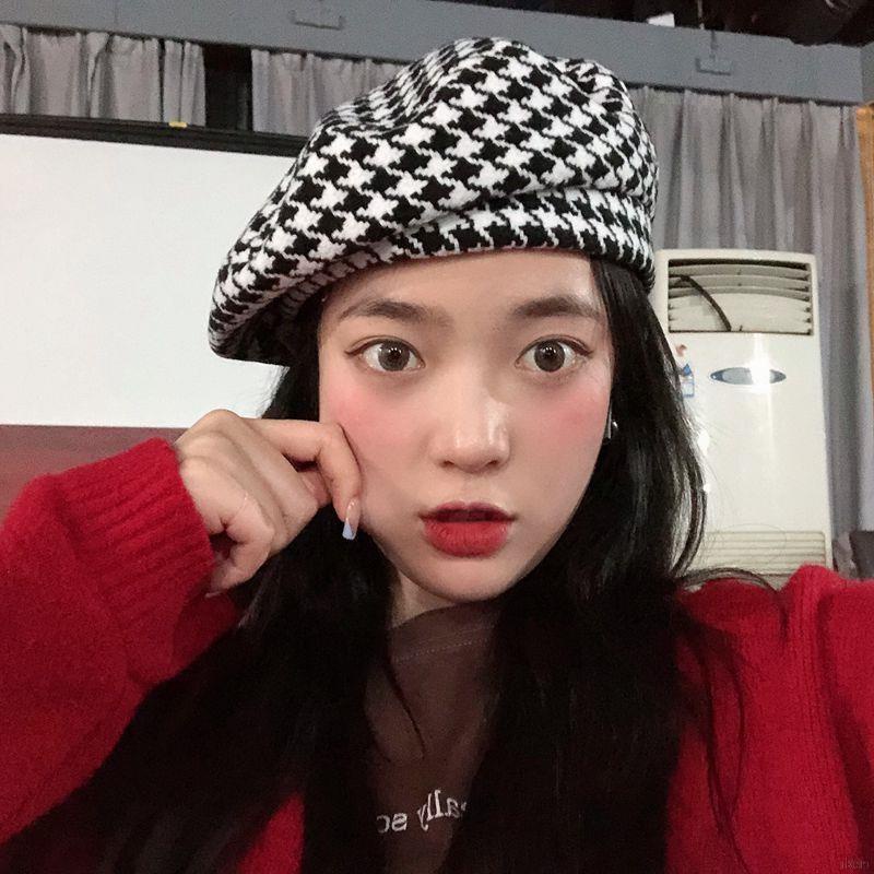 Mũ nồi họa sĩ co giãn in họa tiết Houndstooth Pháp cho nữ