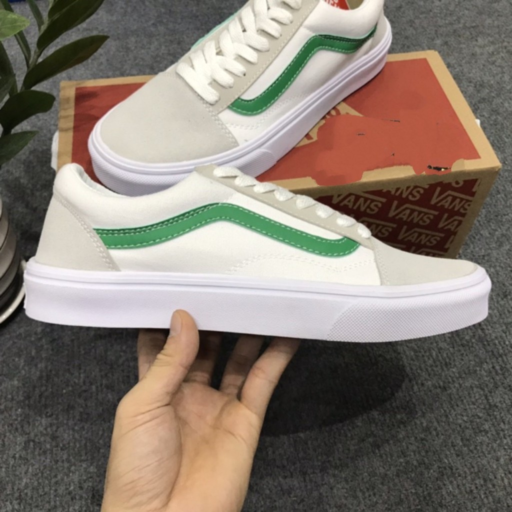 Giày sneaker nam nữ vns old skool trắng viền xanh Lá Da Lộn bản rep1  giày thể thao97 [Tặng Kèm Hộp ],