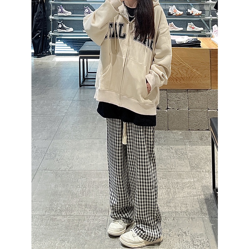 Thời Trang Quần Dài Ống Rộng Họa Tiết Caro Phong Cách retro