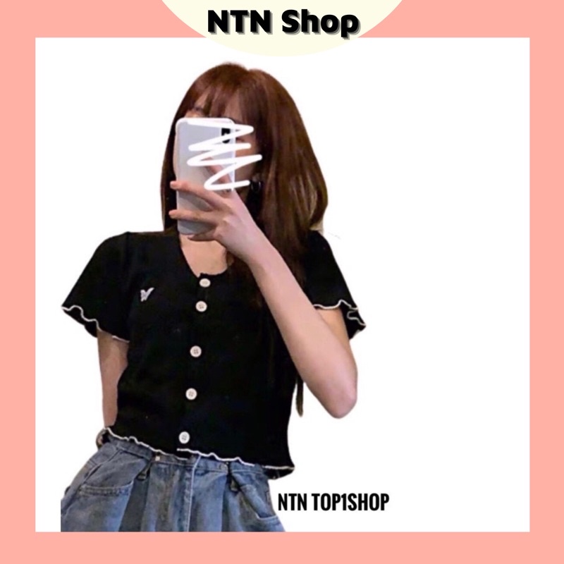 Áo Croptop phối nút thêu bướm 2 size (ap)