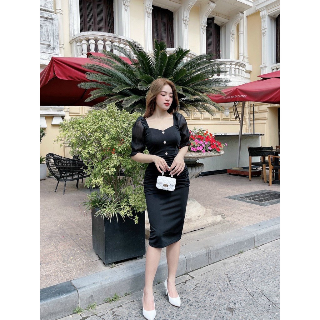 Váy đầm body cao cấp thiết kế cổ vuông tay lửng bồng | BigBuy360 - bigbuy360.vn