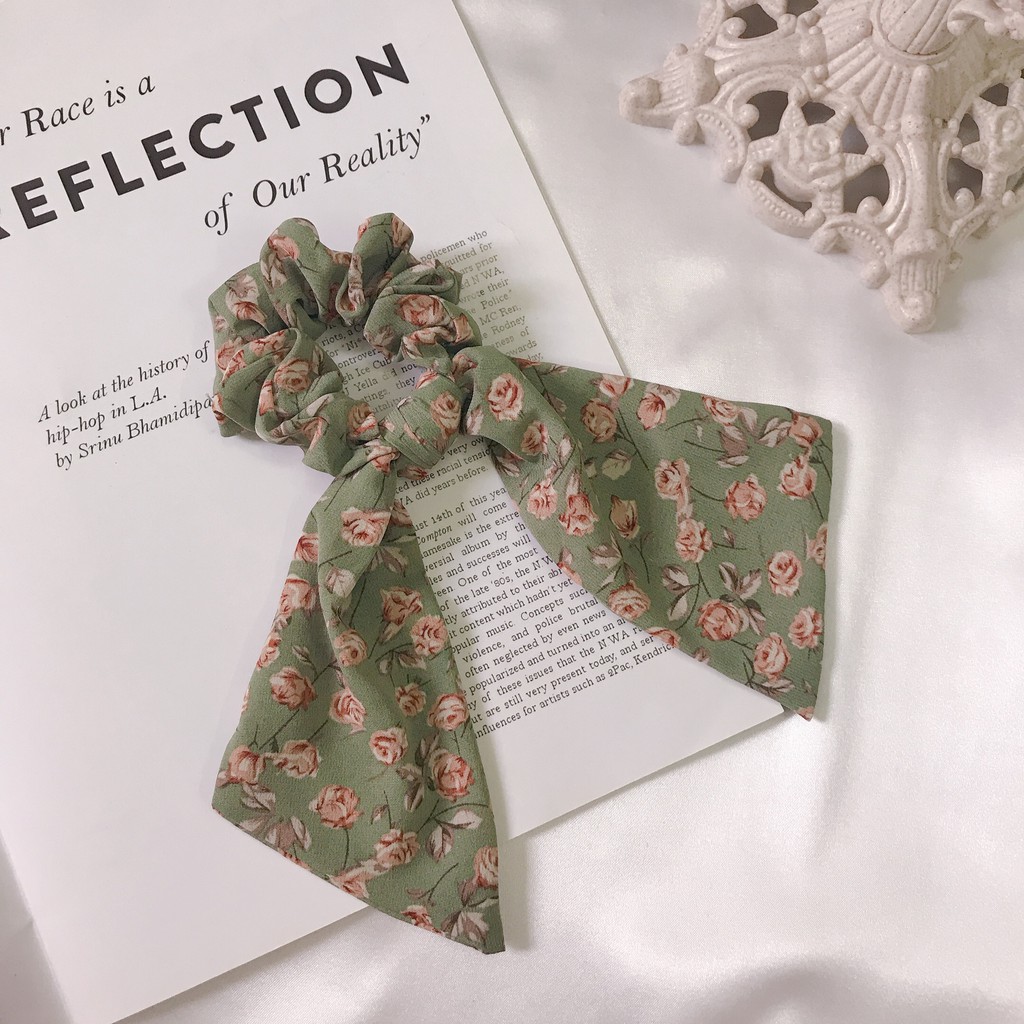 Dây buộc tóc ribbon scrunchies hoa hồng vinatge