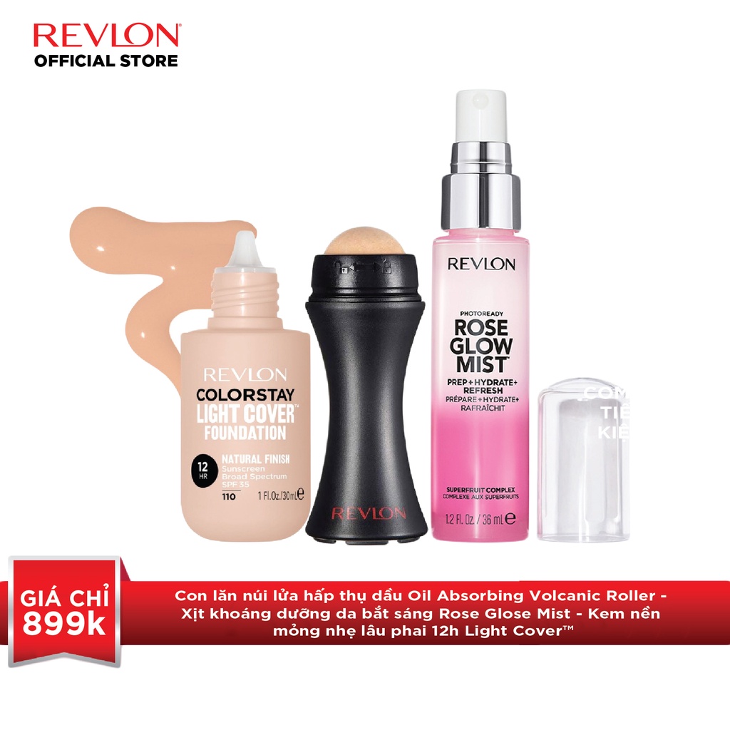 [Combo] Kem nền mỏng nhẹ lâu phai 12h Revlon Light Cover™-Xịt khoáng dưỡng da bắt sáng Rose Glow Mist -Thanh lăn hút dầu