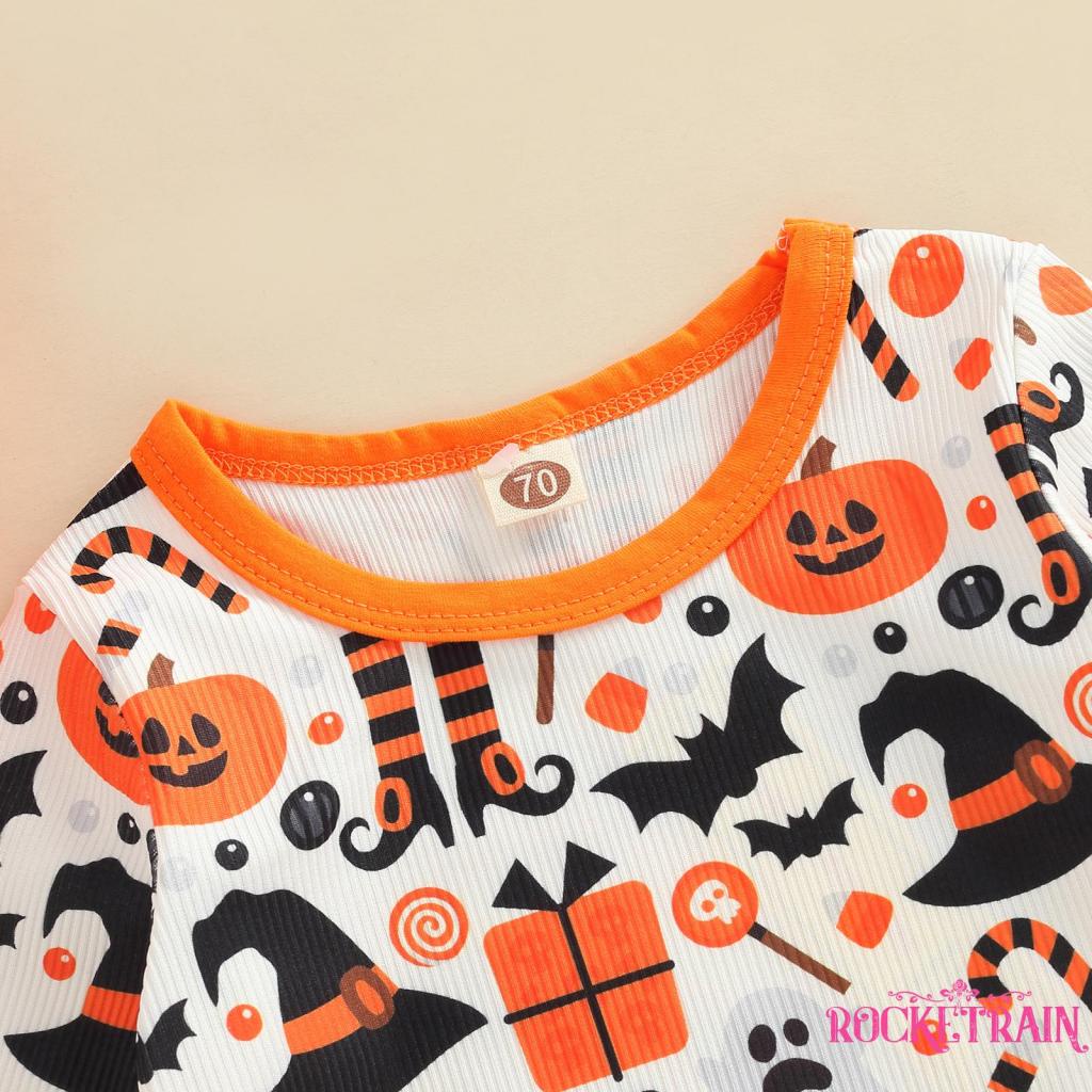 Áo Liền Quần Dài Tay Cổ Tròn Họa Tiết Bí Ngô Halloween Cho Bé