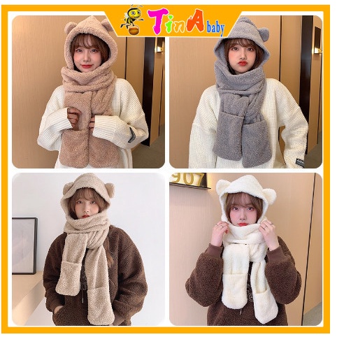 Mũ lông cừu tai gấu kèm khăn quàng cổ và găng tay ulzzang phong cách thời trang Hàn Quốc cho mùa thu đông ấm áp E629