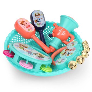 Bộ 5 món đồ chơi súc sắc , lục lạc siêu đẹp cho bé kèm rổ đựng Lắc Tay, Kèn, Xúc Xắc, Trống Tay giúp bé tập Cầm Nắm