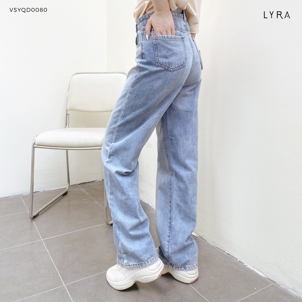 Quần jean nữ ống suông có khuy bóp eo LYRA, bò ống rộng cạp cao thời trang phong cách Hàn Quốc-VSYQD0080
