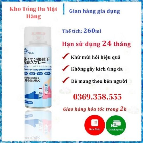 Chai Xịt  Hết Mùi Hôi Giày Dép, Ngừa Hôi Chân ,Tủ Kệ Để Giày Công Nghệ Nano Bạc không gây kích ứng da, dung tích 260ml