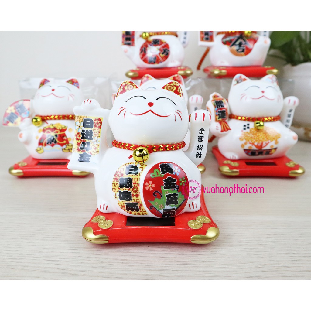 Mèo Thần Tài Vẫy Tay Maneki Neko Dùng Năng Lượng Mặt Trời, Bằng Sứ 11cm - Chiêu Tài Lộc, Kinh Doanh Hồng Phát