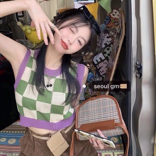 Áo vest gile len mỏng freesize iconic bàn cờ tím xanh cá tính cho nữ
