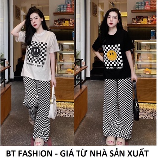Set bộ áo thun + quần dài thun gân caro hot - bt fashion