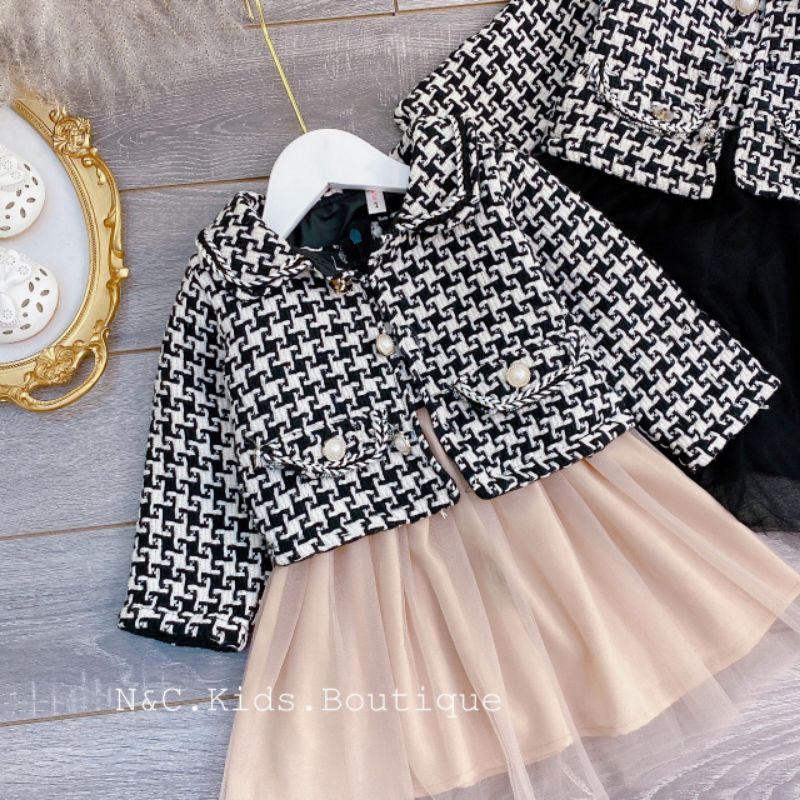 [Xả hàng] Sét váy dạ tweed chân váy ren bồng kèm áo khoác cúc ngọc cho bé gái, set dạ tweed diện Tết cho bé cực xinh