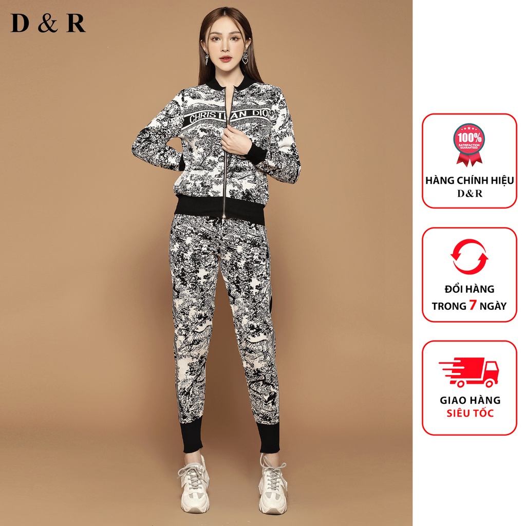 Set bộ len dệt kim nữ thiết kế họa tiết sang chảnh Quảng Châu cao cấp thương hiệu thời trang D&R L010