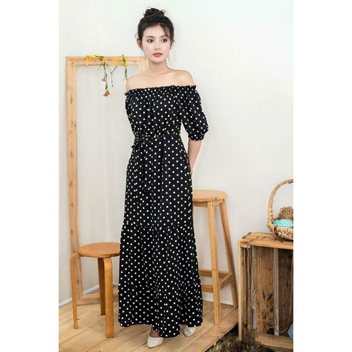 ĐẦM MAXI XÒE CHẤM BI BẸT VAI TAY LỠ CAO CẤP SANG TRỌNG có size lớn XL - hàng việt nam