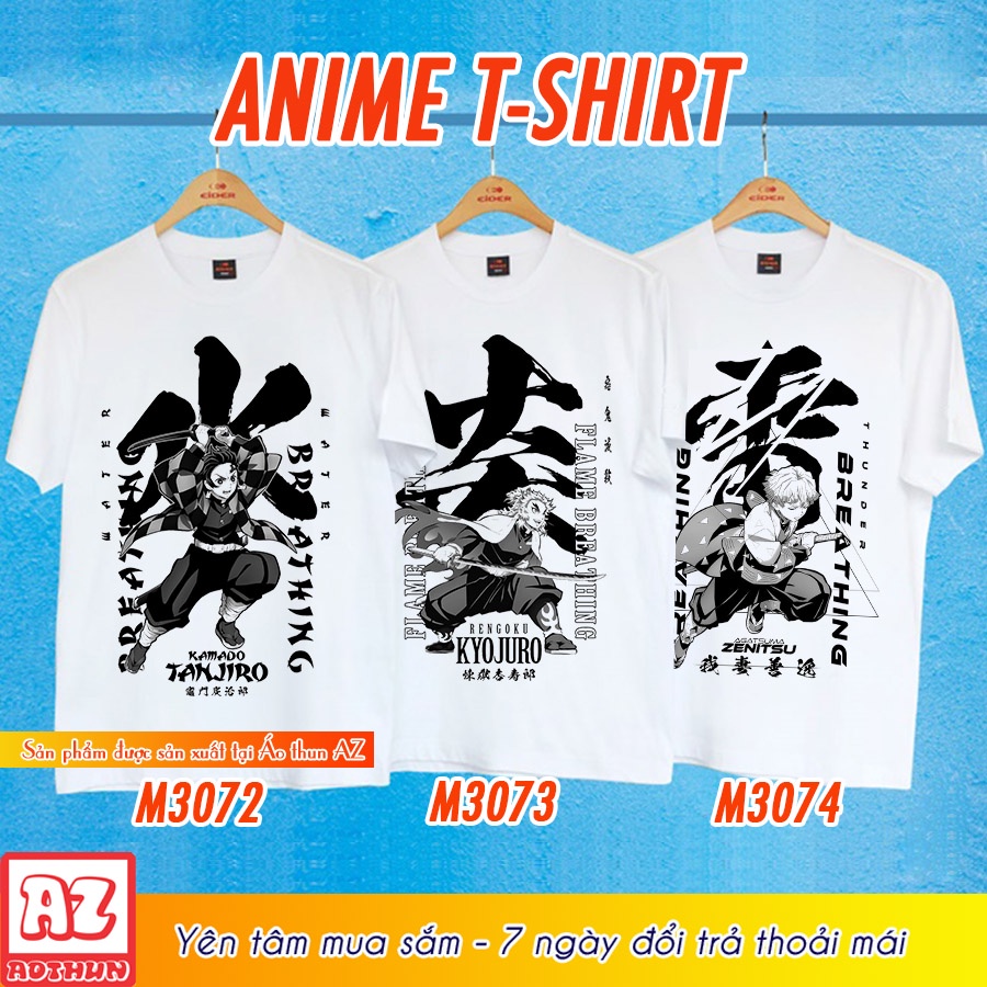 Áo thun anime in hình kimetsu no yaiba tanjiro zenitsu rengoku màu trắng
