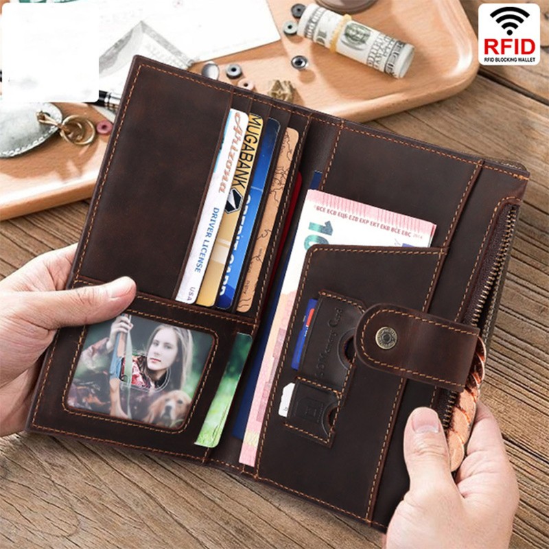 Men's Vintage Leather Long Bifold RFID Wallet Passport Holder