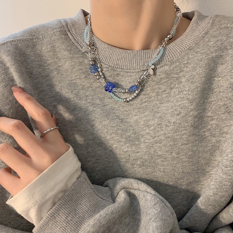Vòng cổ Hai Lớp Đính Hạt Pha Lê Xanh Dương Và Hoa Thời Trang Mùa Hè Ngọt Ngào