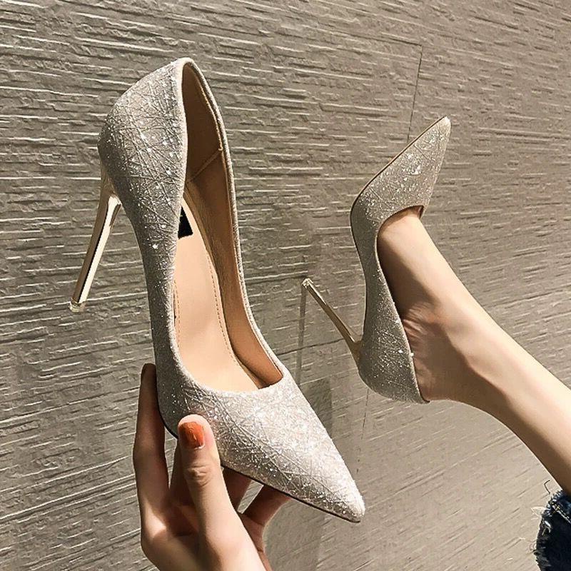 High Heels Women's Shoes Stiletto Wedding Shoes Autumn 2021 New Wedding Party Shallow Mouth Pointed Sequined Cloth Women