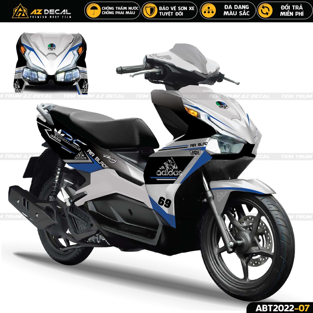 Tem Trùm Dán Xe Airblade Mẫu ADIDAS | ABT2022-07 | Decal Xe AB 2020 - 2022 Đen Đỏ, Xanh Trắng, Đen Trắng