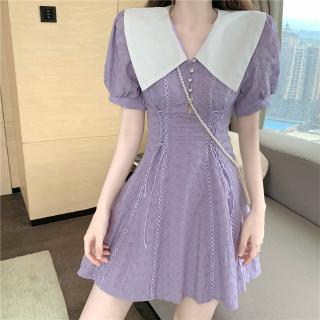 Đầm Cổ Chữ V Màu Tím Phối Dây Thắt Eo Phong Cách Hàn Quốc