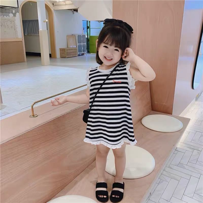 Đầm thun không tay kẻ sọc thiết kế mới thời trang mùa hè theo phong cách hàn quốc cho bé gái