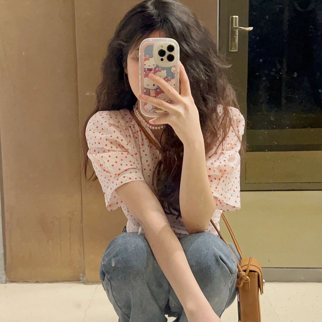 Áo Sơ Mi Ngắn Tay Phồng Cổ Chữ V Ôm Eo Phong Cách Retro Phương Tây Thời Trang Mùa Hè Dành Cho Nữ