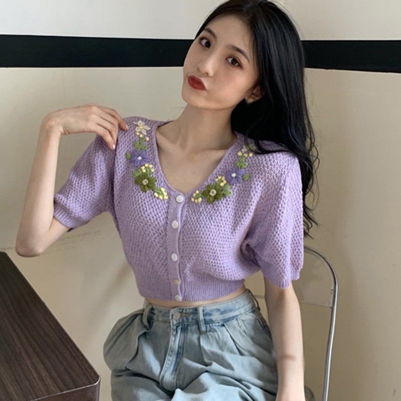 Áo Cardigan Dệt Kim Tay Ngắn Cổ Chữ V Hoạ Tiết Hoa Thêu Phong Cách Retro Cho Nữ | BigBuy360 - bigbuy360.vn