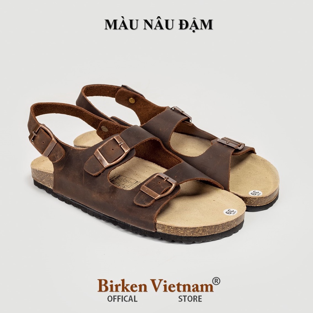 ( Mẫu Da Thật ) D02 - Sandal Birken Đế Trấu Thiết Kế Hai Quai Ngang Da Bò Unisex Nam và Nữ Bioline VietNam
