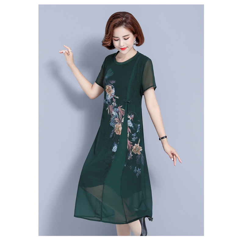 Đầm Tay Ngắn Giả Hai Lớp Phong Cách Dân Tộc Thời Trang Mùa Hè Cho Nữ Trung Niên 40 Tuổi