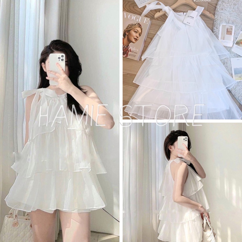 Áo cổ yếm tầng khoét vai nơ vai HNL400, áo bánh bèo babydoll cổ buộc nơ