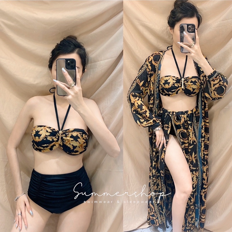 BIKINI Set 4 chi tiết 2 mảnh cạp cao thương hiệu kem váy, áo choàng